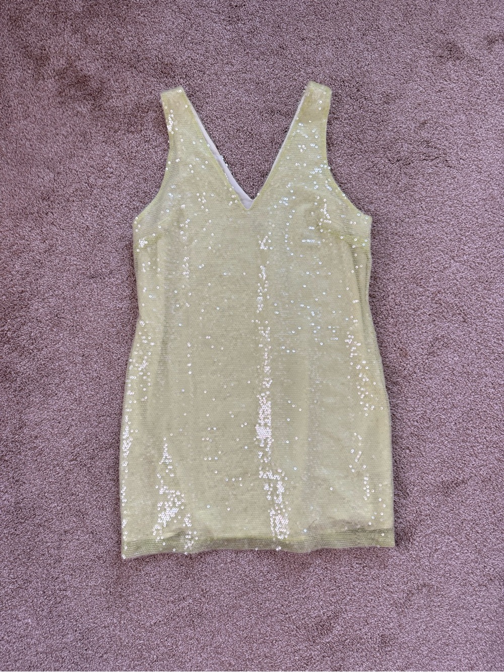 A new Day Sequin V-Neck Sleeveless Mini shift Dress in Light Lime Size Medium
